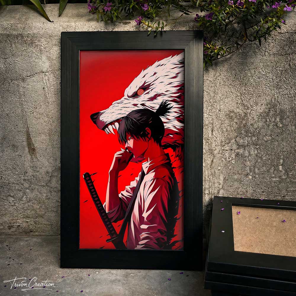 Lone Samurai & Spirit Wolf Wall Frame#0065