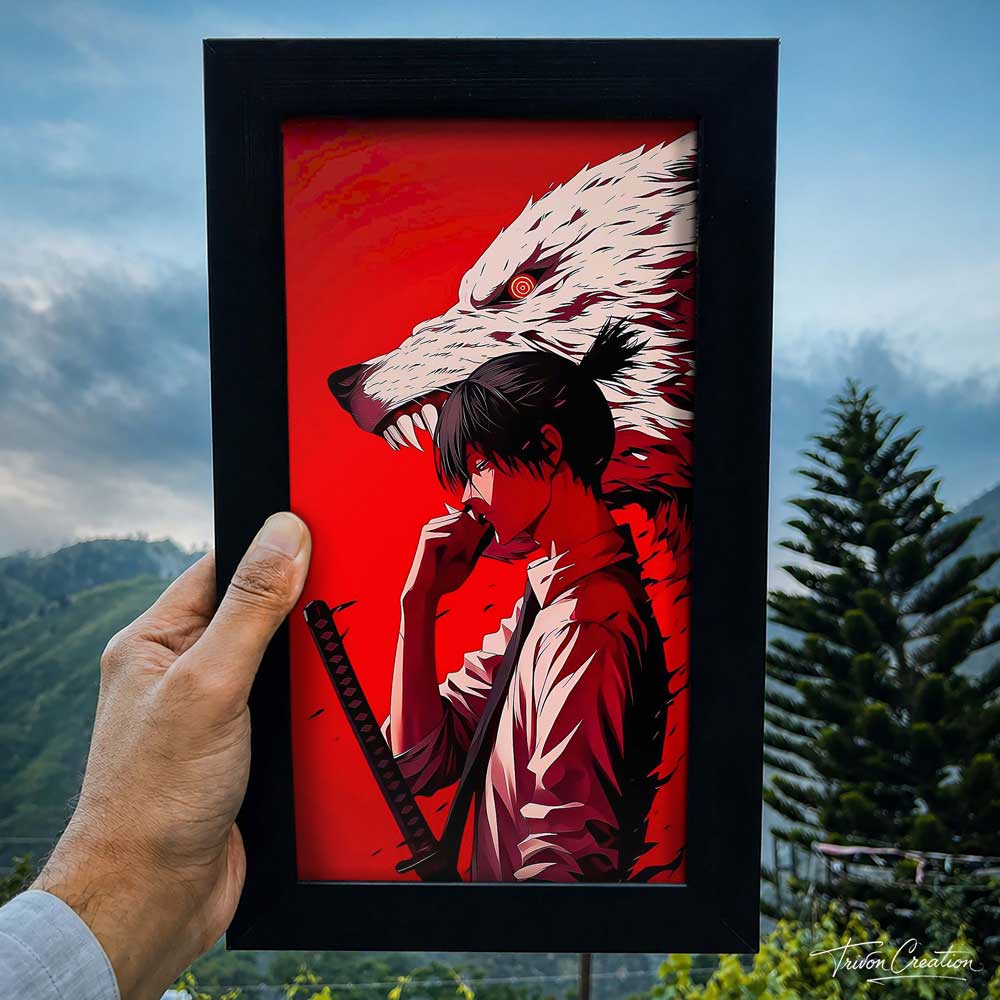 Lone Samurai & Spirit Wolf Wall Frame#0065