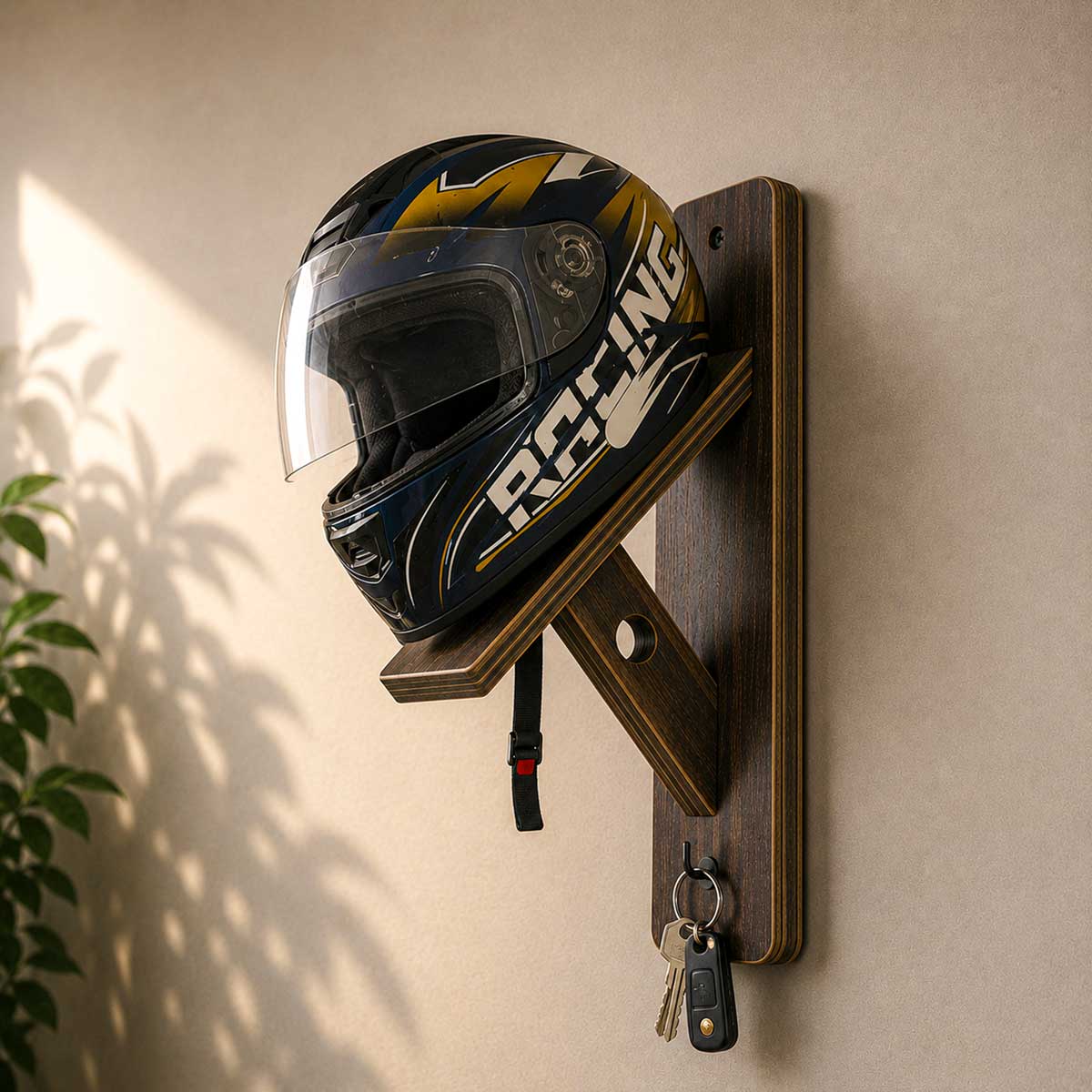 Motorcycle Helmet Wall Mount Organizer with Key Hook