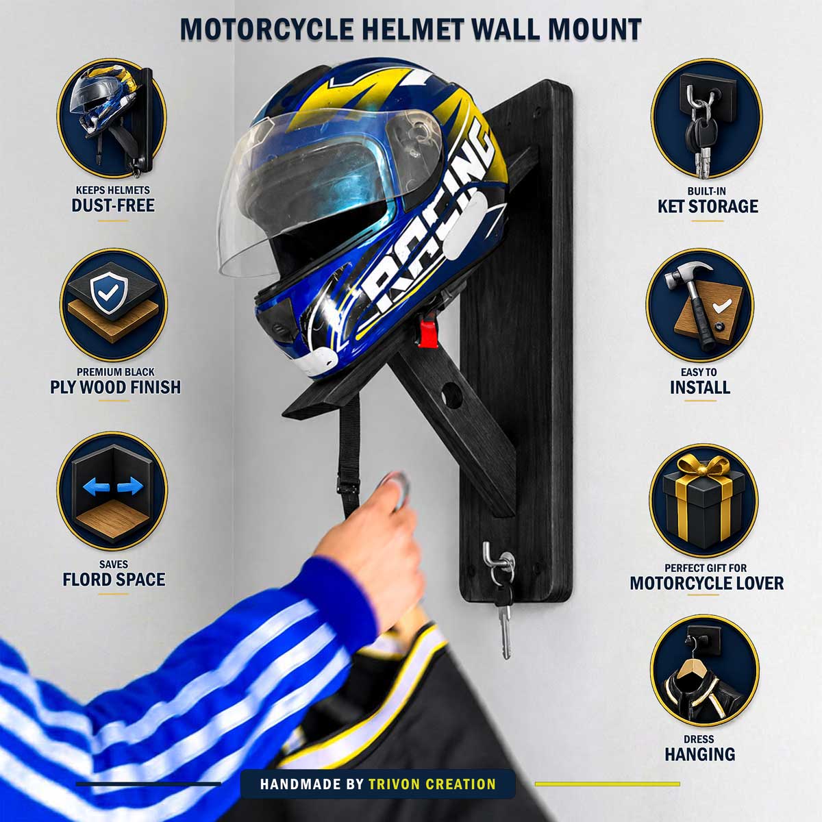 Motorcycle Helmet Wall Mount Organizer with Key Hook